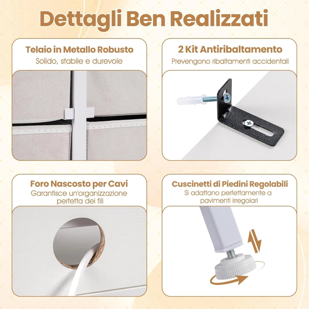 Cassettiera Camera da Letto, Comò con 9 Cassetti in Tessuto, Stazione di Ricarica e Luci LED, Struttura in Metallo, Armadietto per Ingresso e Soggiorno, 127 x 29 x 84 cm, Bianco