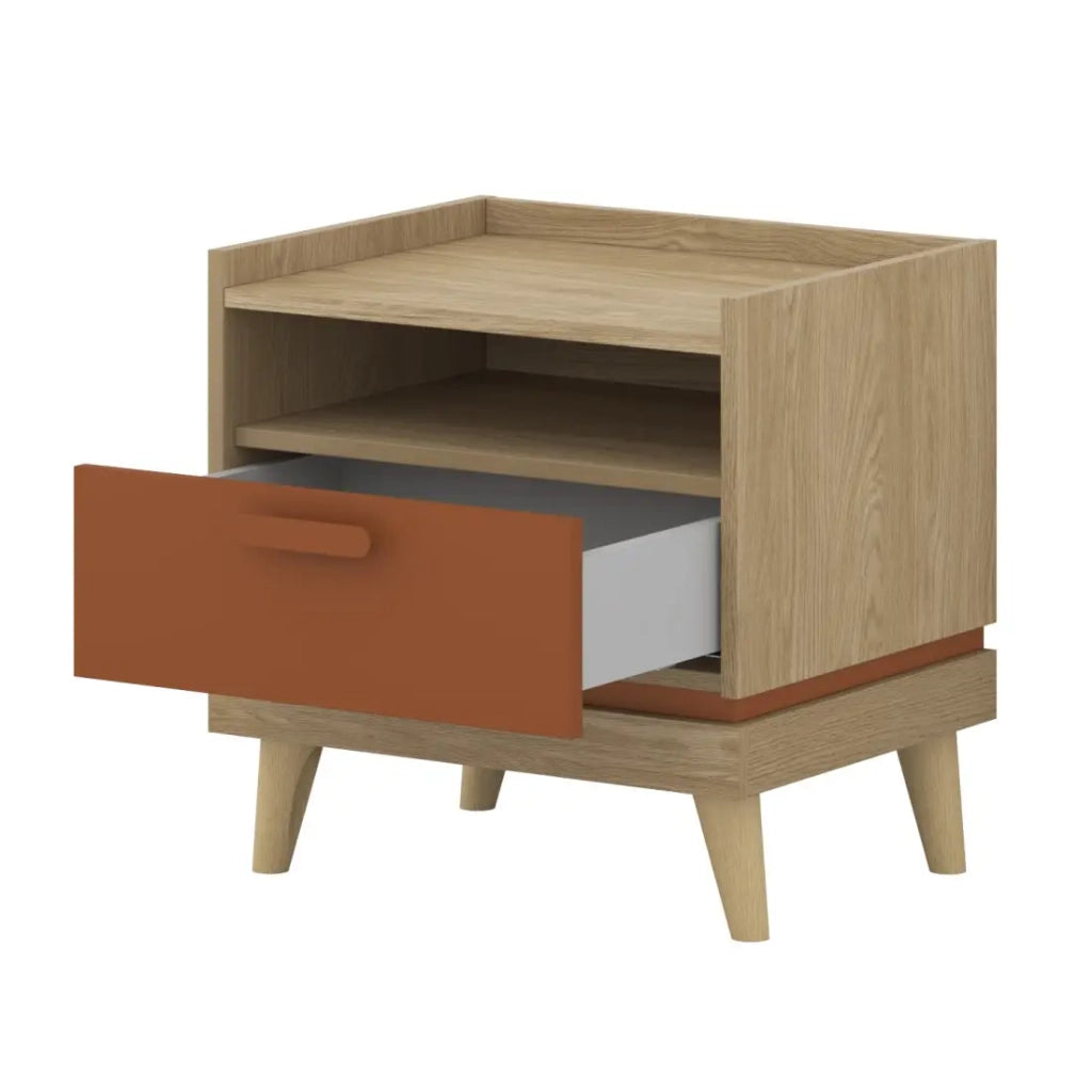 Tavolino da notte NOKI – Rovere chiaro e moka – 1 cassetto stile scandinavo