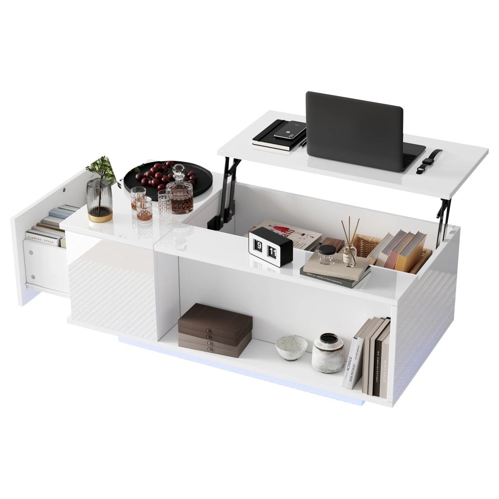 Tavolino da caff¨¨ 100x50x40 cm con piano sollevabile, vano nascosto, cassetto laterale e luce LED Bluetooth, bianco