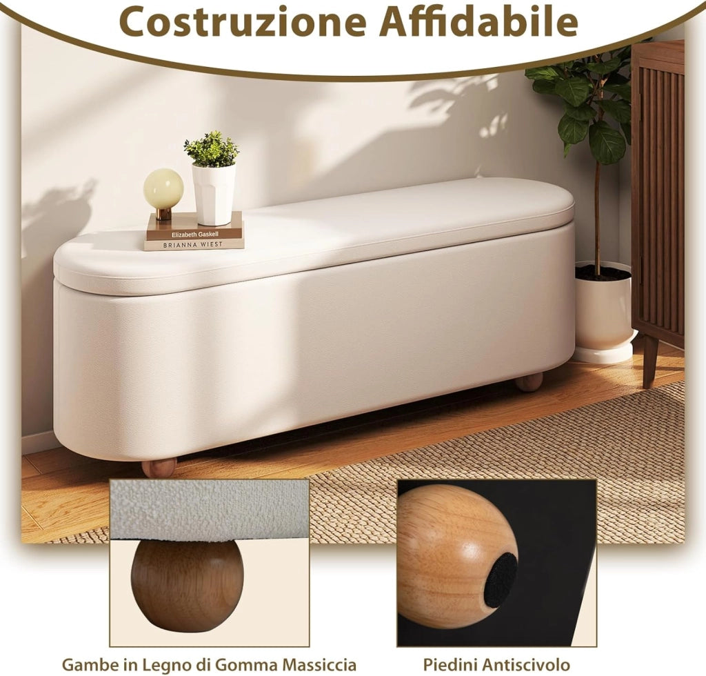 Panca Contenitore, Poggiapiedi Imbottito 139 cm con Coperchio Ribaltabile, Gambe in Legno, Panca Ottomana per Camera da Letto, Soggiorno, Portata 300 kg, Beige