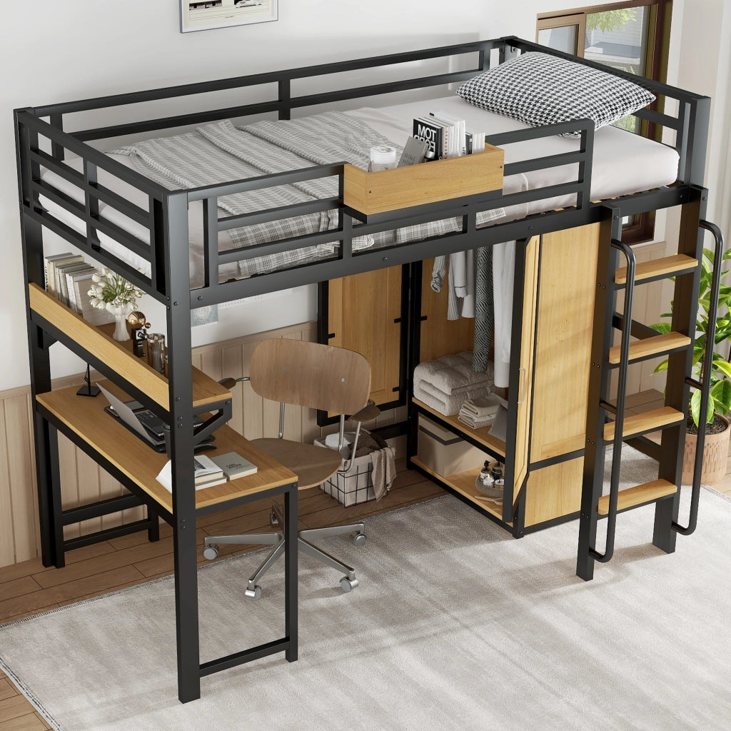 Letto alto ferro armadio doppia porta scala corrimano scrivania nicchie ferro MDF nero naturale 90x200 cm