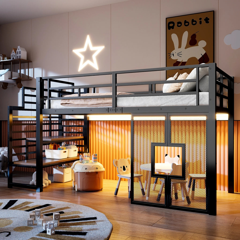 Letto alto in metallo 90x200 con scaletta illuminazione a LED contenitore ferro nero e MDF