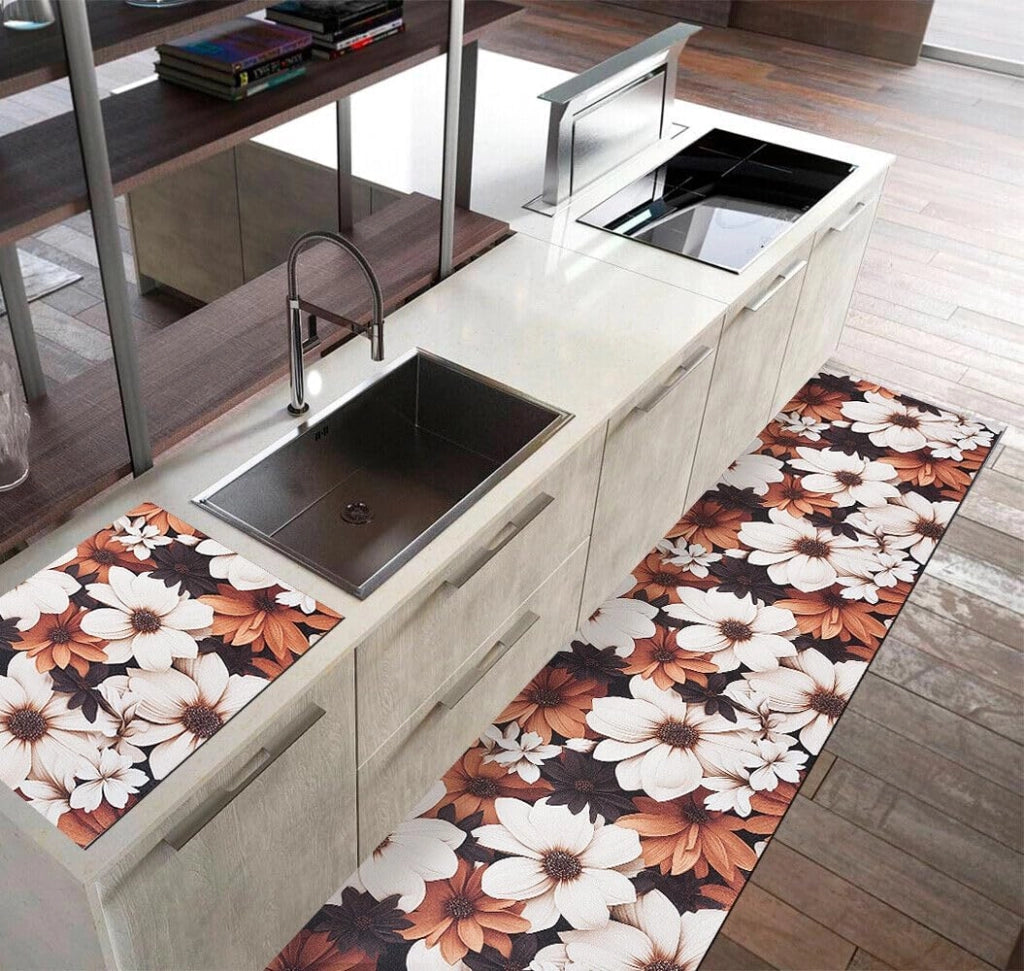 Tappeto Cucina Gomma Pvc 51x360 cm Design Elegante Morbido Antiscivolo Fiori 3D Colori Caldi