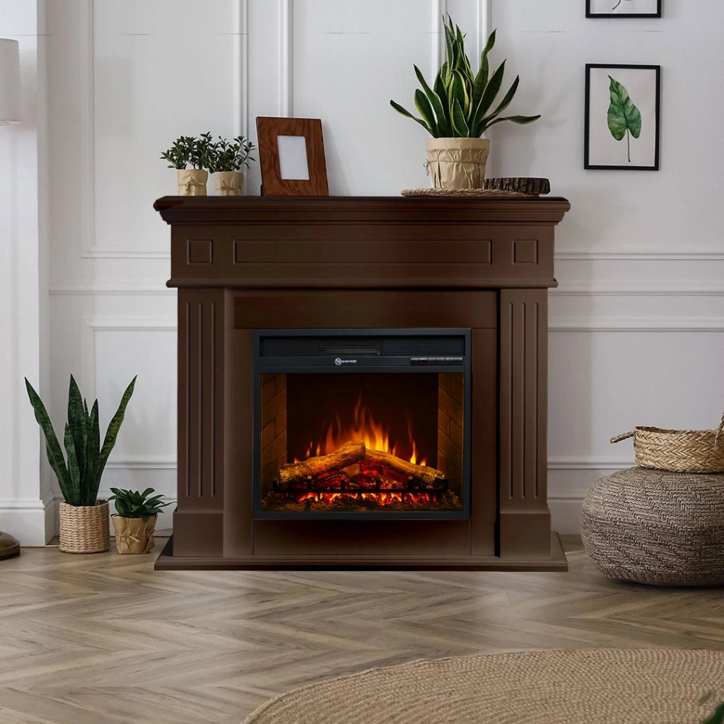 Caminetto Lentella, Camino Elettrico Superficie Riscaldabile 30 m2, 110x36x100h cm Marrone Noce