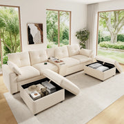 Divano modulare a 6 posti chenille beige con 2 pouf contenitore console centrale USB e Type-C 84,5 × 316 × 140 cm