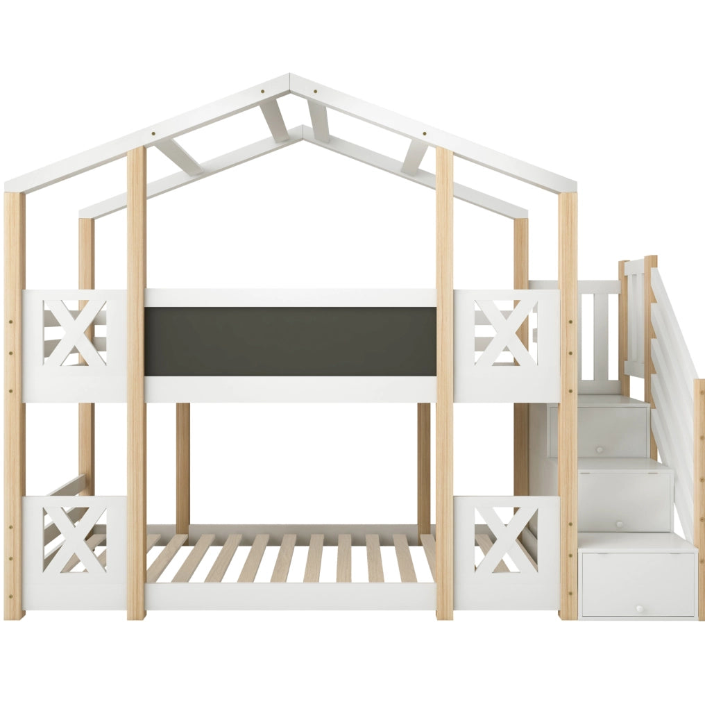 Letto a soppalco per bambini 90x200 cm in legno bianco e naturale con scala contenitore