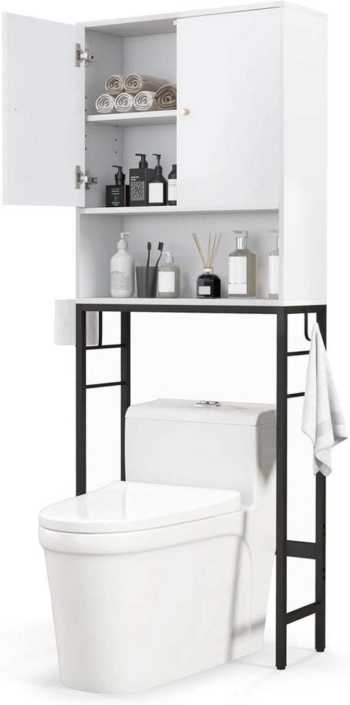 Scaffale Bagno 165,5 cm Sopra WC, Mobile Bagno Salvaspazio con 2 Porte, Ripiano Regolabile, Bara Inferiore Regolabile, 2 Ganci Laterali, Organizzatore sopra Gabinetto per Lavanderia (Naturale)