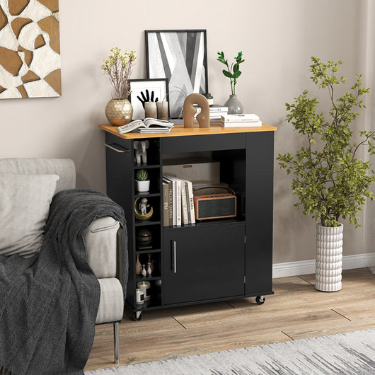 Isola da cucina con ruote e portabottiglie a 6 scomparti piano in bamb¨´, Carrello da cucina 76x44x89cm Nero-Carrelli