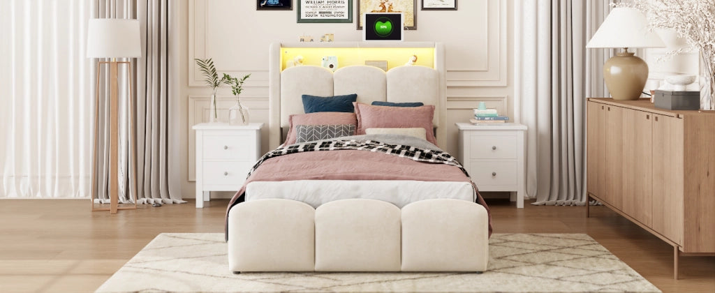 Letto imbottito per bambini con contenitore idraulico, USB-C e LED, 90x200 cm, velluto beige