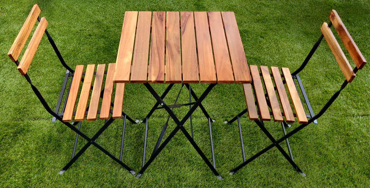 Set Tavolo e 2 Sedie da Giardino Pieghevoli Bistrò in Ferro e Legno di Acacia