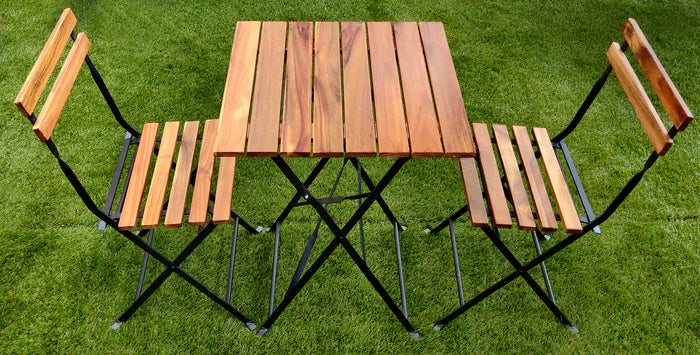 Set Tavolo e 2 Sedie da Giardino Pieghevoli Bistrò in Ferro e Legno di Acacia