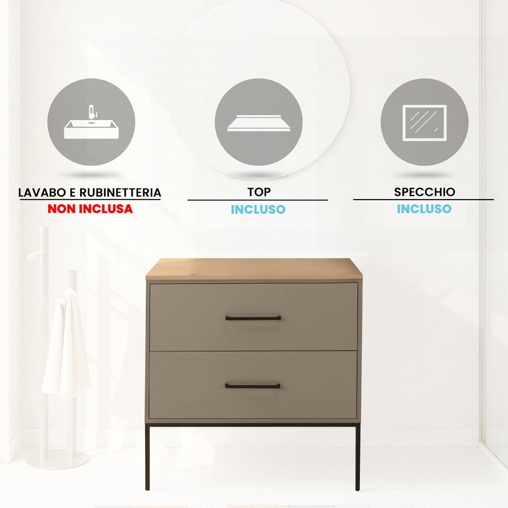 Mobile bagno sospeso 80cm tortora con due cassetti e specchio Brik
