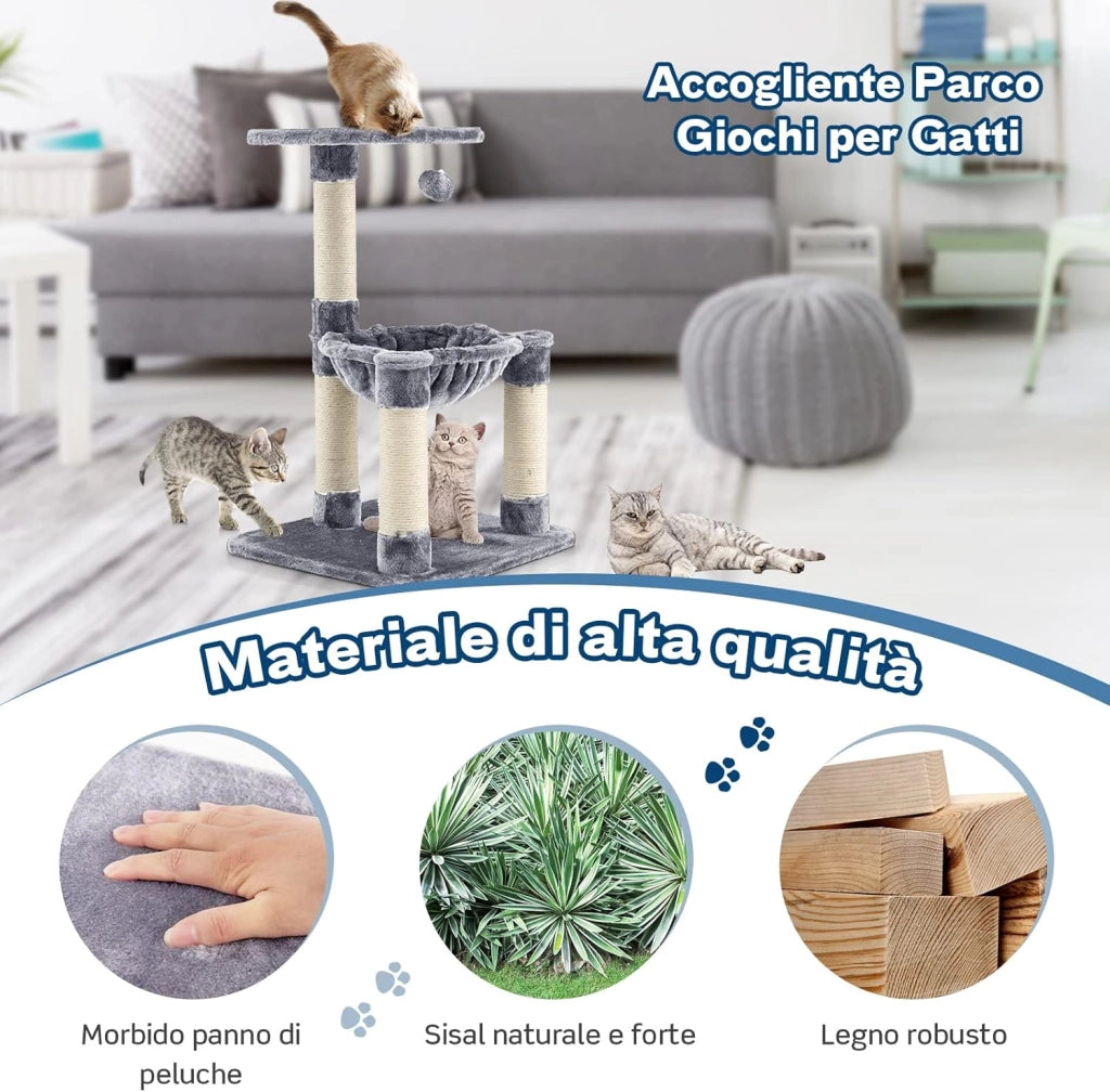 Tiragraffi per Gatti, Albero Tiragraffi Gatto con Amaca, Piattaforma, Tiragraffi in Sisal e Pallina, Tiragraffi da Divano in Legno per Gatti Piccoli, 40 x 40 x 64 cm (Grigio)