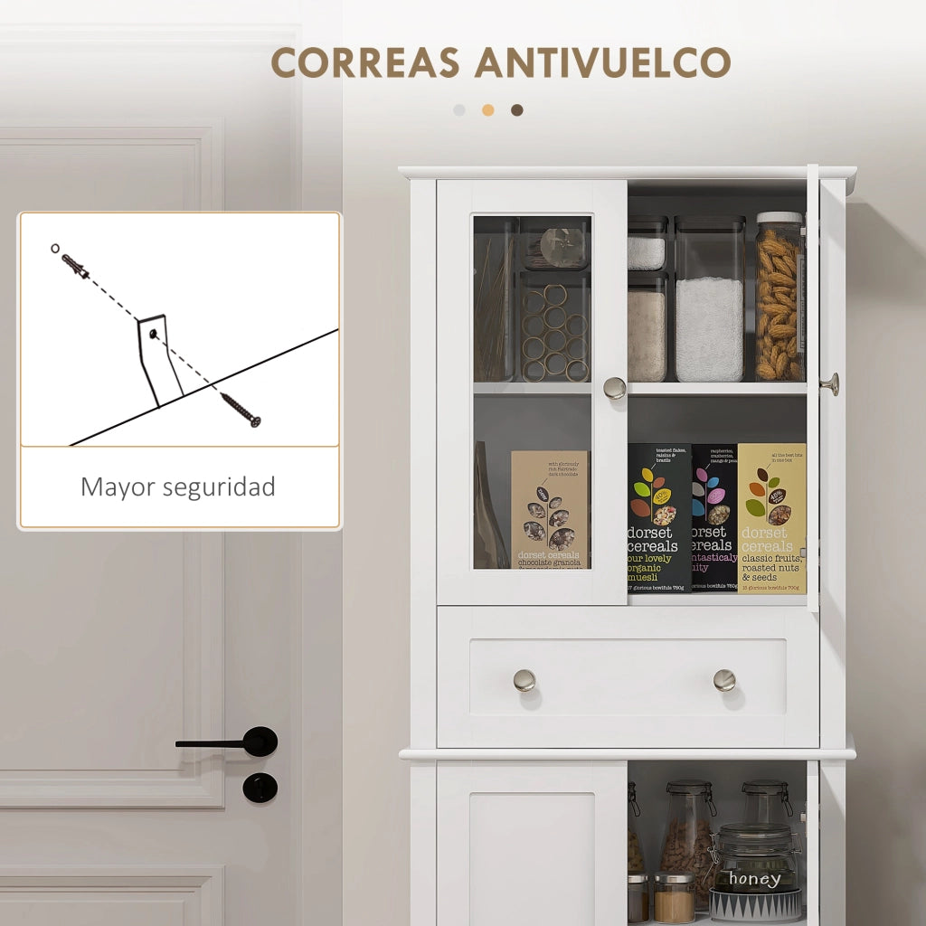 Armadio Cucina con Ante Vetro e Cassetto ¨C Zephmum ¨C 61x35x168,5 cm Bianco
