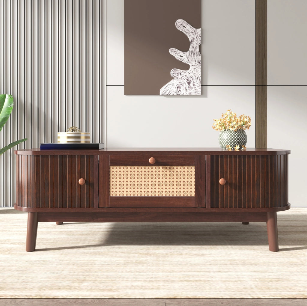 Tavolino da caffè 110 cm con rattan, ante scorrevoli e cassetti