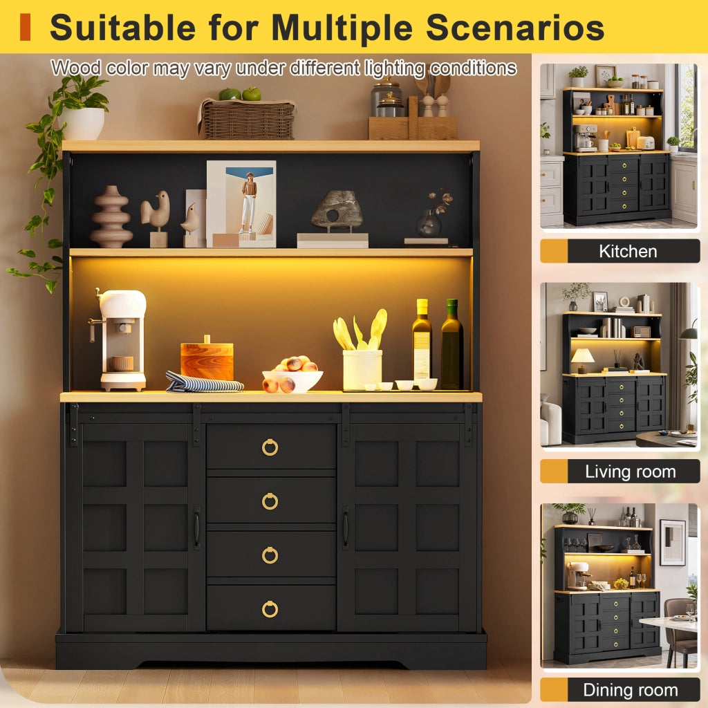 Credenza e madia con 2 ante scorrevoli, 4 cassetti e LED RGB, per cucina e sala da pranzo, nero, 120 × 40 × 150 cm