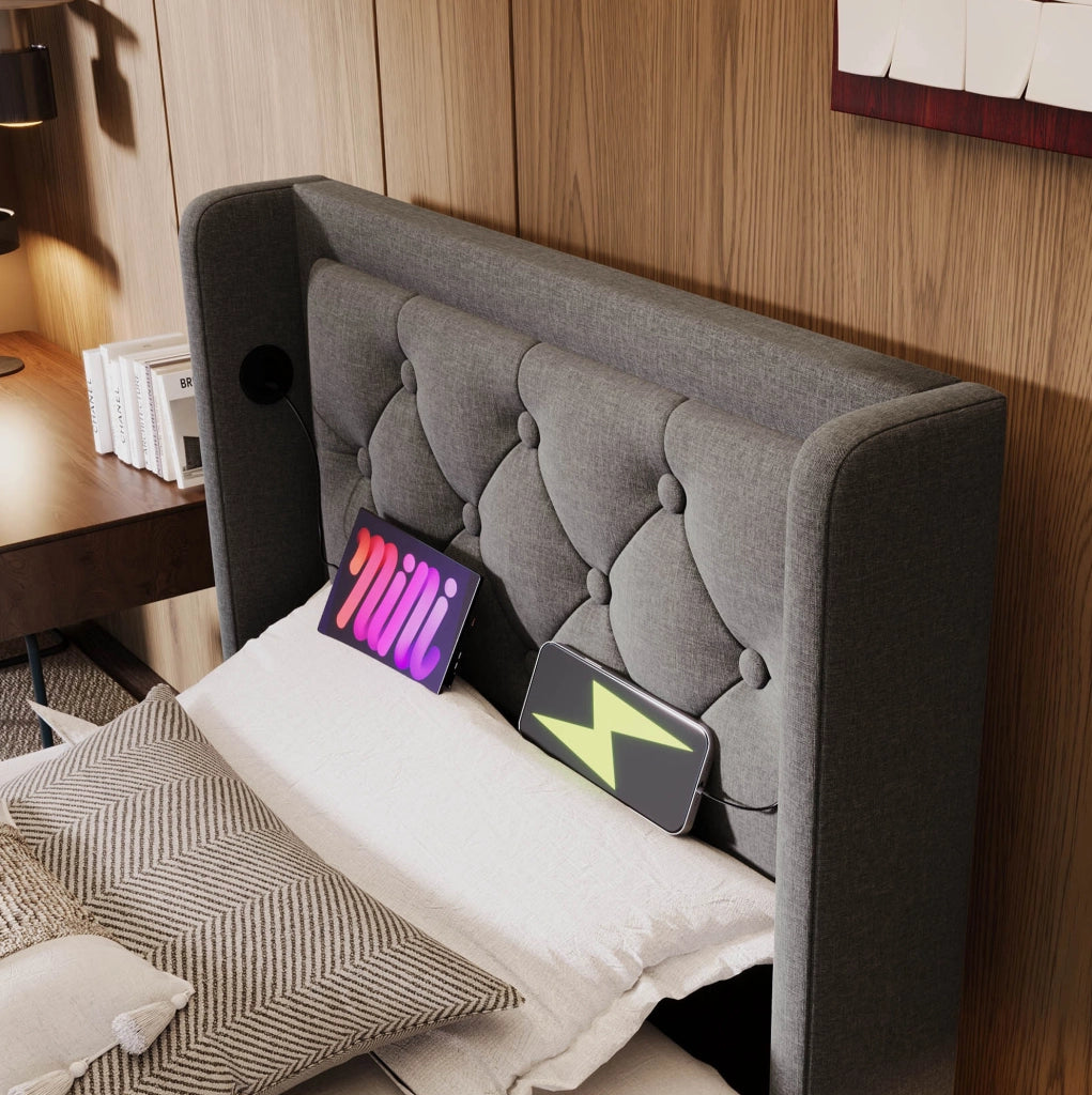 Letto singolo imbottito 90x200 cm con contenitore; testiera con USB e LED; grigio in cotone