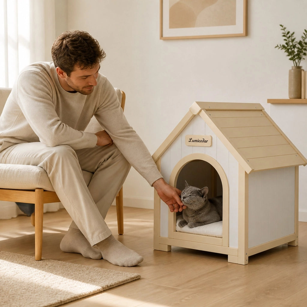 Casetta per animali da interno in legno massello FSC; design A-Frame; crema e bianco