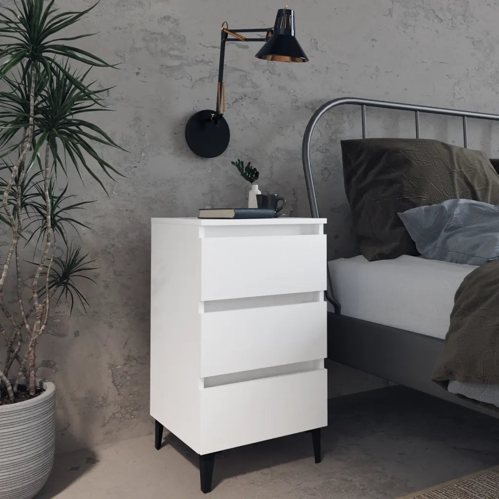 Comodino con Gambe in Metallo-Tavolino da notte Bianco 40x35x69 cm