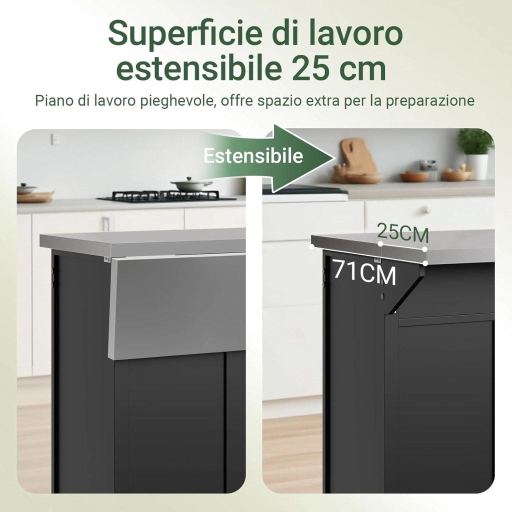 isola cucina con ruote carrello da cucina con piano di lavoro pieghevole mobile cucina con ruote penisola cucina piano lavoro Nero 107x92x(46-71) cm FKW71-II-SCH