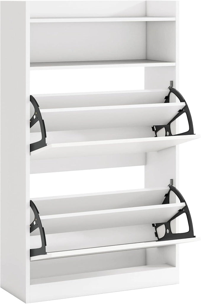 Scarpiera Salvaspazio Slim a 4 Livelli, Portascarpe in Legno con 2 Ante a Ribalta, 1 Ripiano Aperto, Doppia Profondita, Mobile Porta Scarpe Moderna, 60 x 24 x 102 cm (Marrone)