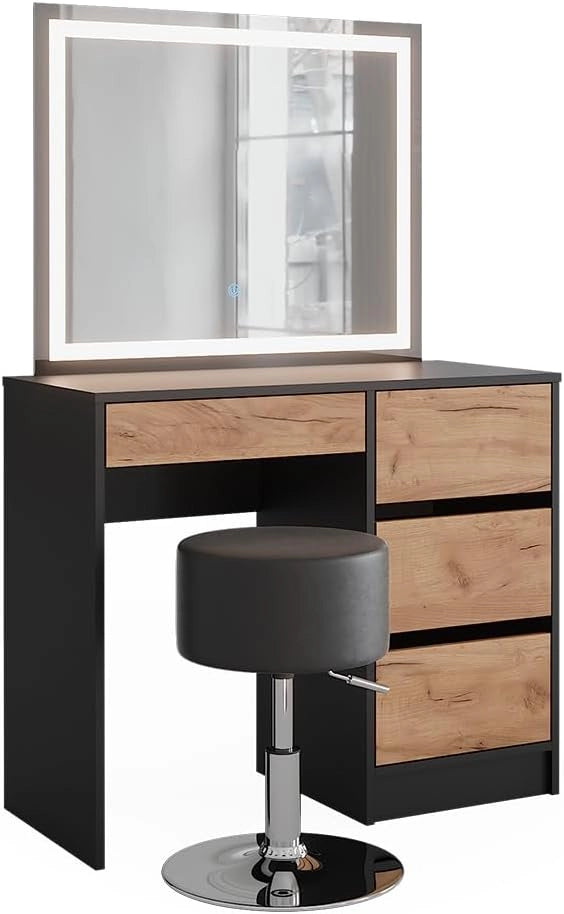 Tavolino da toilette Sherry, Antracite/quercia dorata, 90 x 75 cm con specchio LED e sgabello, con illuminazione LED e sedile regolabile in altezza