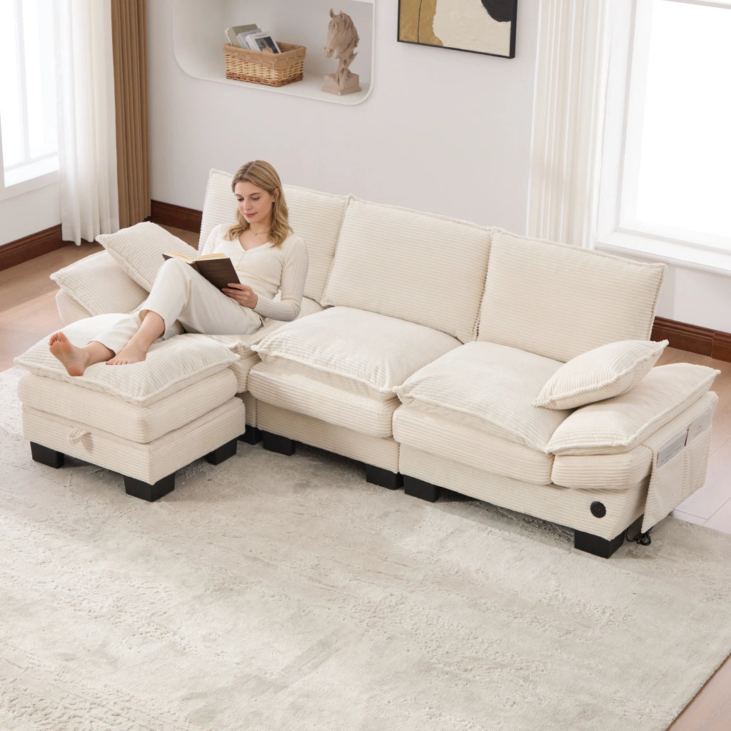 DIVANO Modulare 3 posti con pouf 260x132x84 cm Corduroy Beige