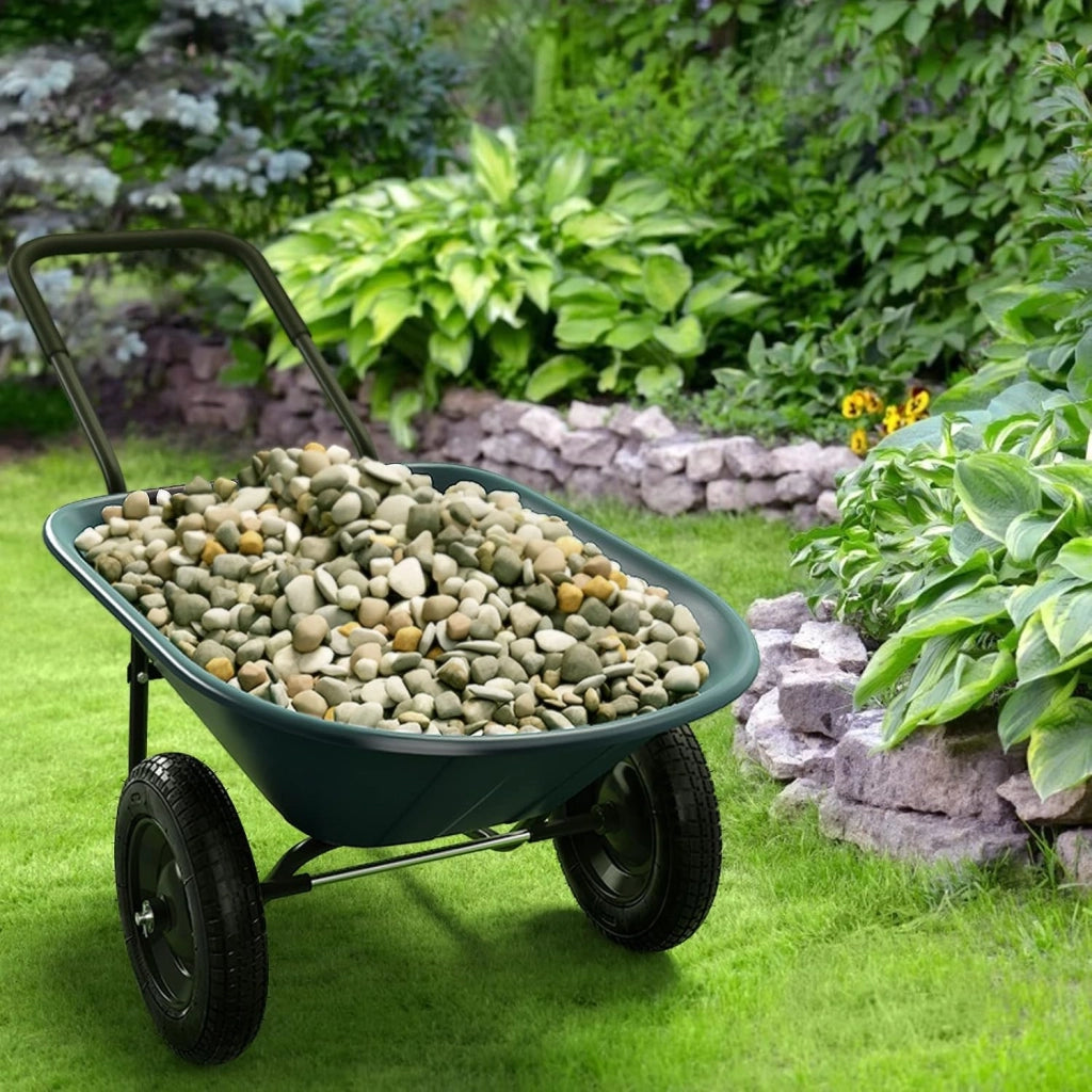 Carriola con 2 Ruote da Giardino, Carrello Resistente con Struttura in Acciaio Robusto, Ruote Pneumatiche 35,5 cm, Capacità 75L, Portata Max 100 kg (Verde)