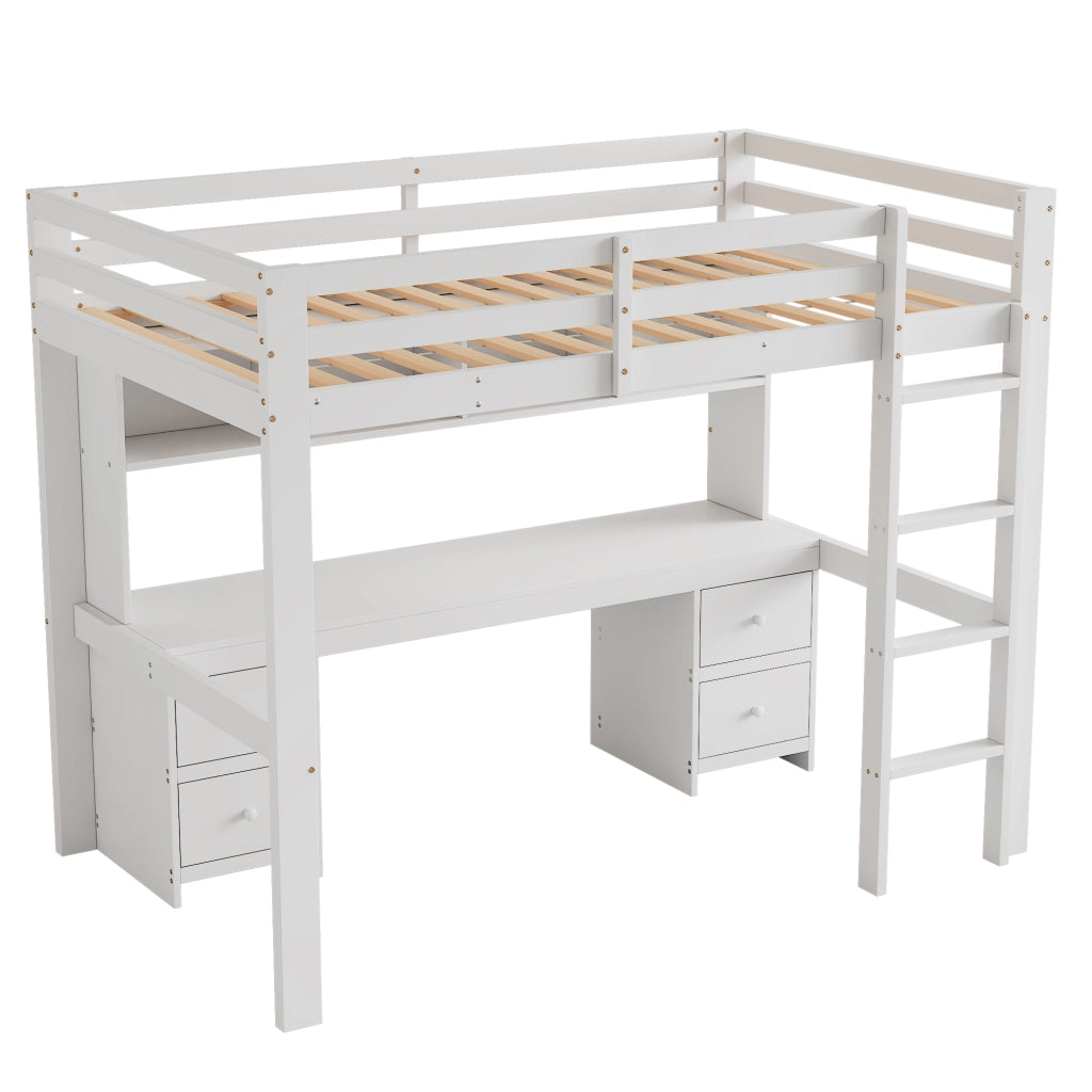 Letto a castello bianco in pino con funzione scrivania e spazio contenitivo 90x200 cm