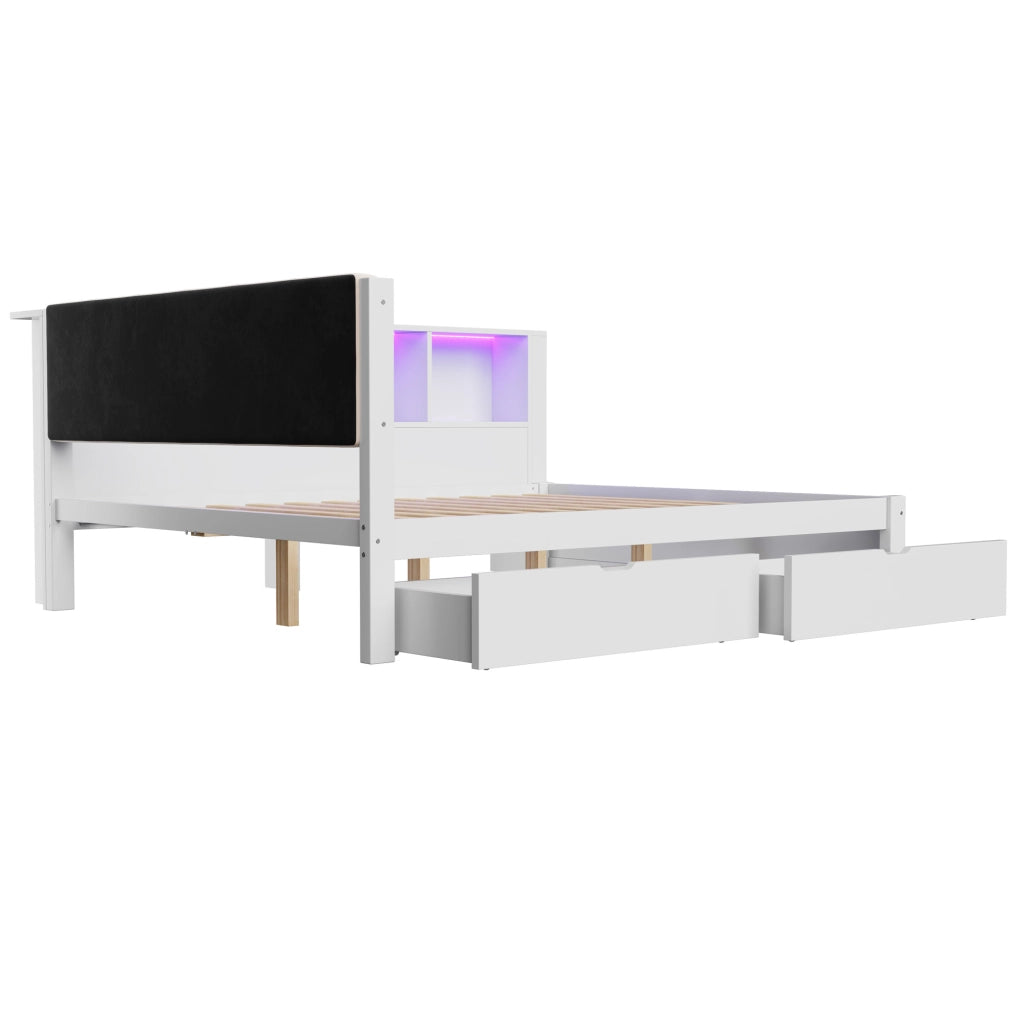 Letto a Divanetto 140x200 cm; Letto Singolo - 2 Cassetti; USB; LED e Mensole; Bianco