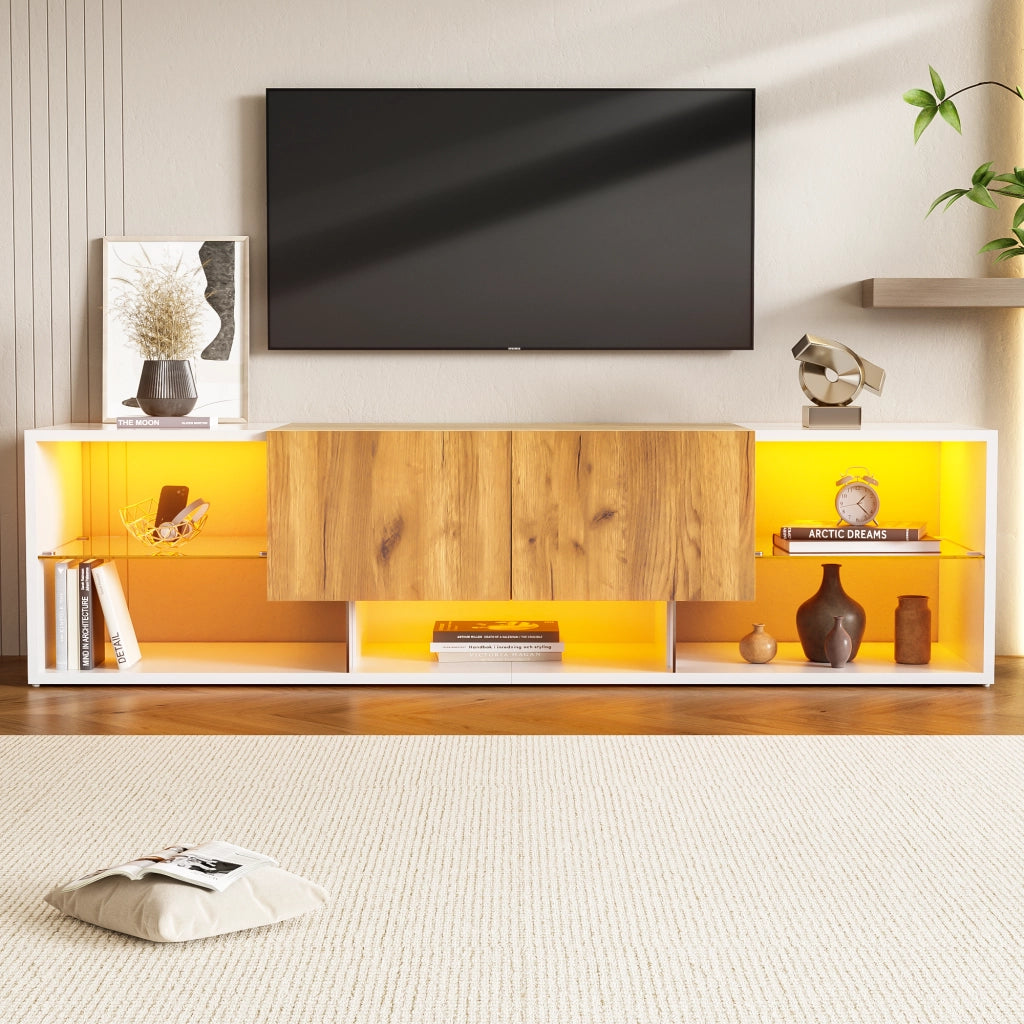 Mobile porta TV a 3 livelli con LED, 2 cassetti e ripiano in vetro in truciolare bianco e legno 160 × 40 × 42 cm