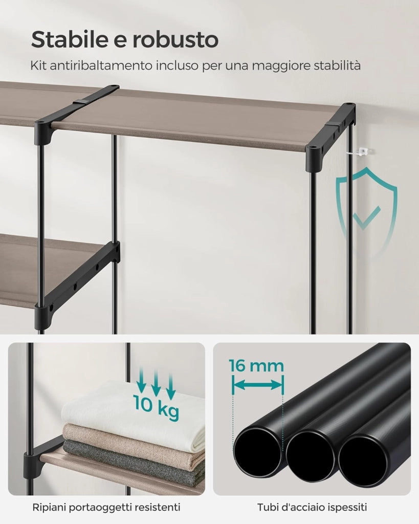 SONGMICS Armadio, Guardaroba Autoportante, con Barre Appendiabiti, Portabiti Ripiani in Tessuto, Struttura in Metallo, 182 x 43 x 182 cm, Talpa RYG037R02