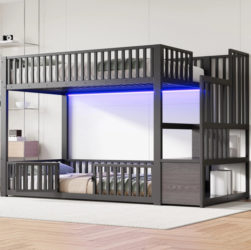 Letto a castello 90x200 con LED; scala contenitore e protezione; nero