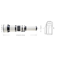Teleobiettivo 650-1300mm 1:8-16 CSC per DSLR MFT – Zoom tele, focus manuale, per full-frame e APS-C – con coperchio e borsa di trasporto