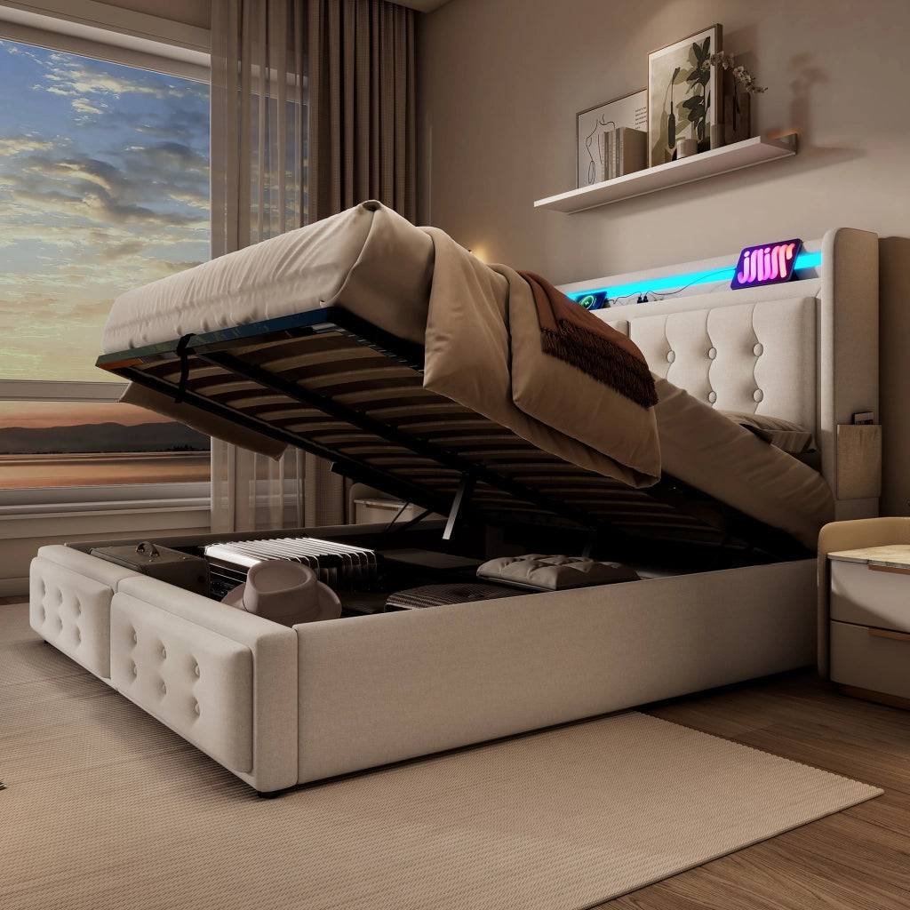 Letto matrimoniale 180x200 cm con contenitore; LED e porte USB; in tessuto beige