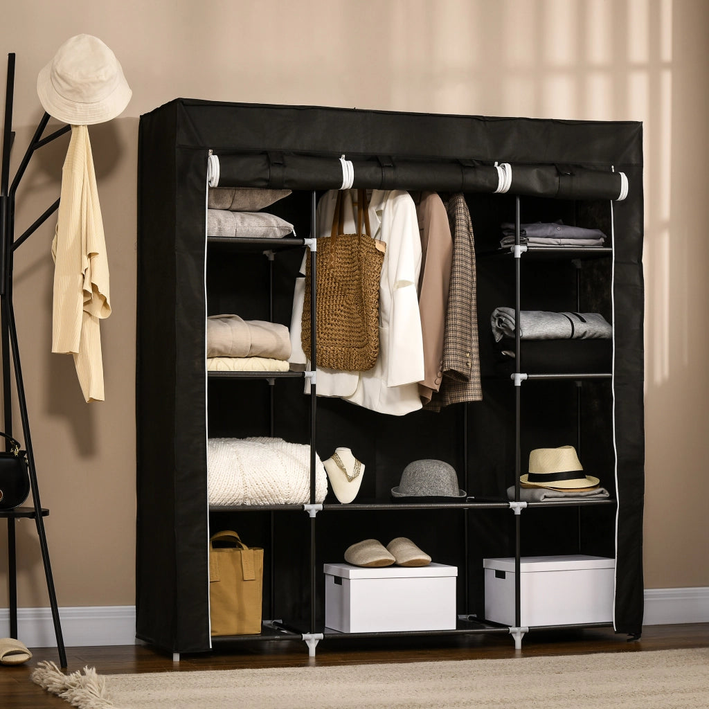 Armadio in tessuto con 1 barra appendiabiti, 10 ripiani, 150x43x162,5 cm, struttura in acciaio, nero