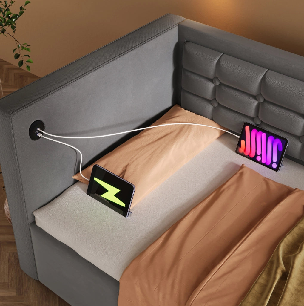 Divano letto singolo 90x190 cm in velluto grigio con contenitore idraulico e USB Type-C