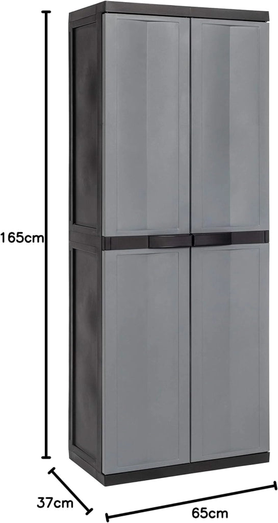 Armadio portascope 2 ante con vano attrezzi e 4 ripiani regolabili in resina colore nero e grigio basalto 65x37x165 cm Toomax