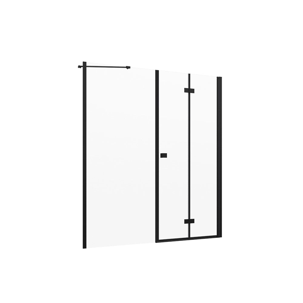 Porta doccia 151-155cm profili in alluminio nero opaco apertura libro a destra con parete fissa vetro 8mm trasparente h195 | Fiji