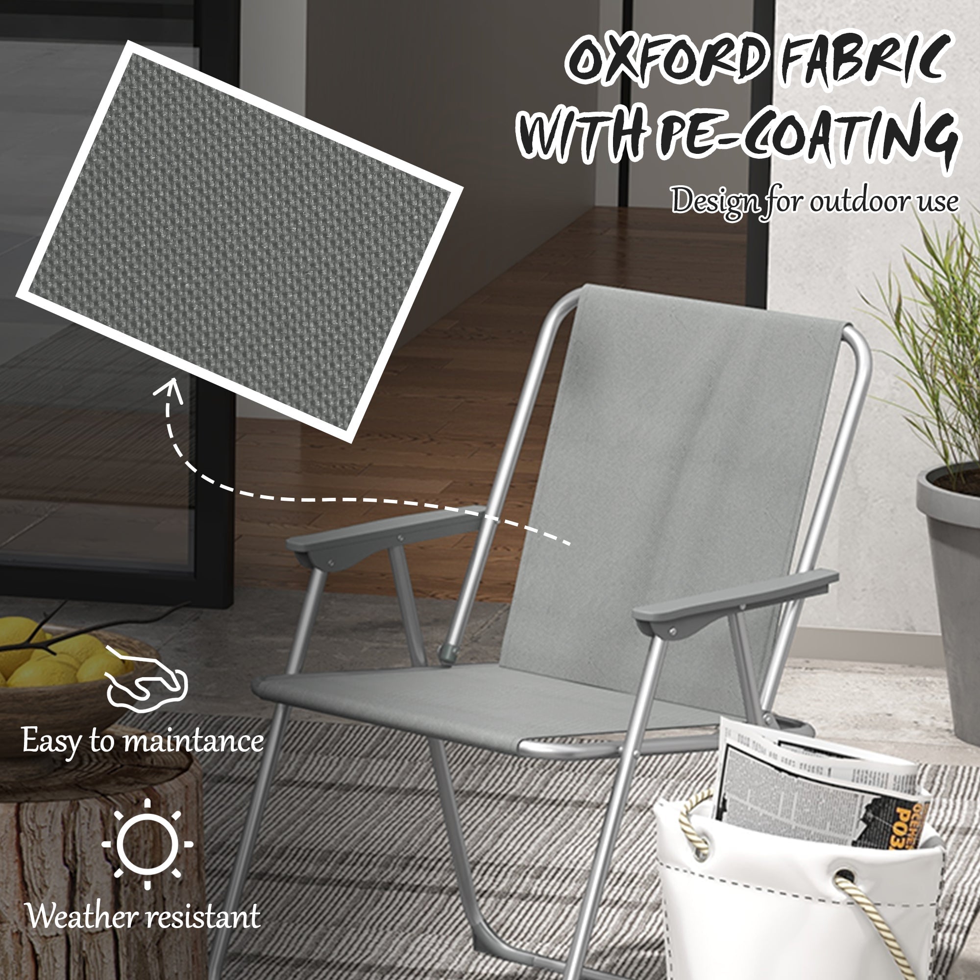 Set 2 Sedie da Giardino Pieghevoli con Braccioli e Seduta 53x54x76 cm in Tessuto Grigio