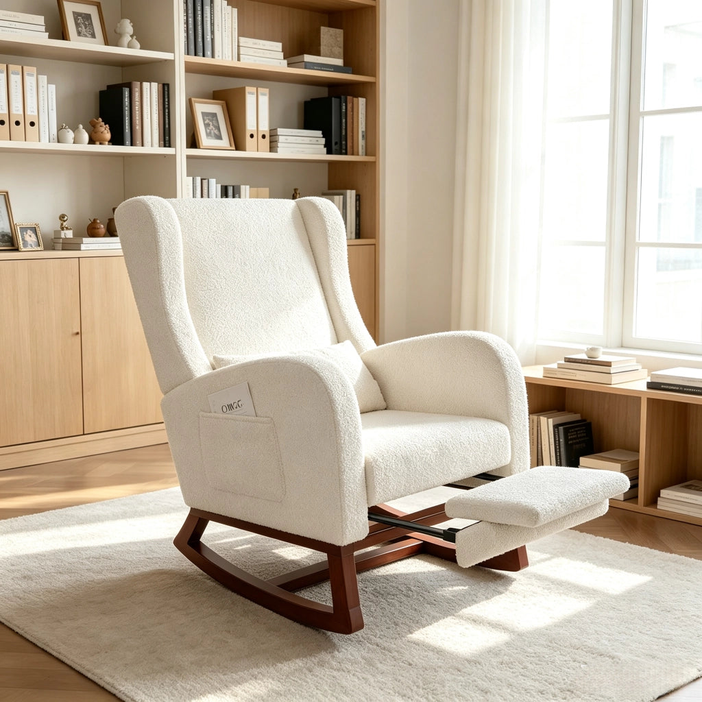 Poltrona relax a dondolo 67x64x99cm con poggiapiedi e tasche sedia a dondolo da interno per allattamento struttura in legno e teddy; bianco