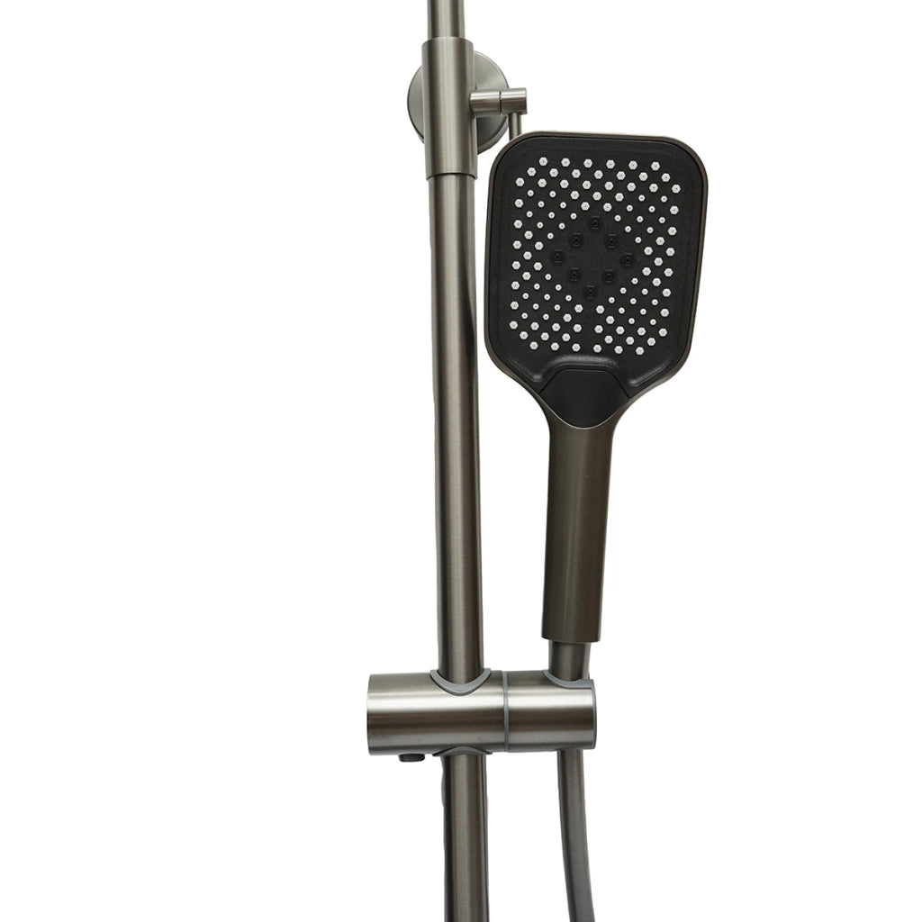 Set doccia multifunzionale con termostato, display digitale della temperatura dell’acqua, 4 funzioni di erogazione dell’acqua, bocca per vasca, soffione rettangolare, doccetta a mano, doccia bidet, colore grigio.