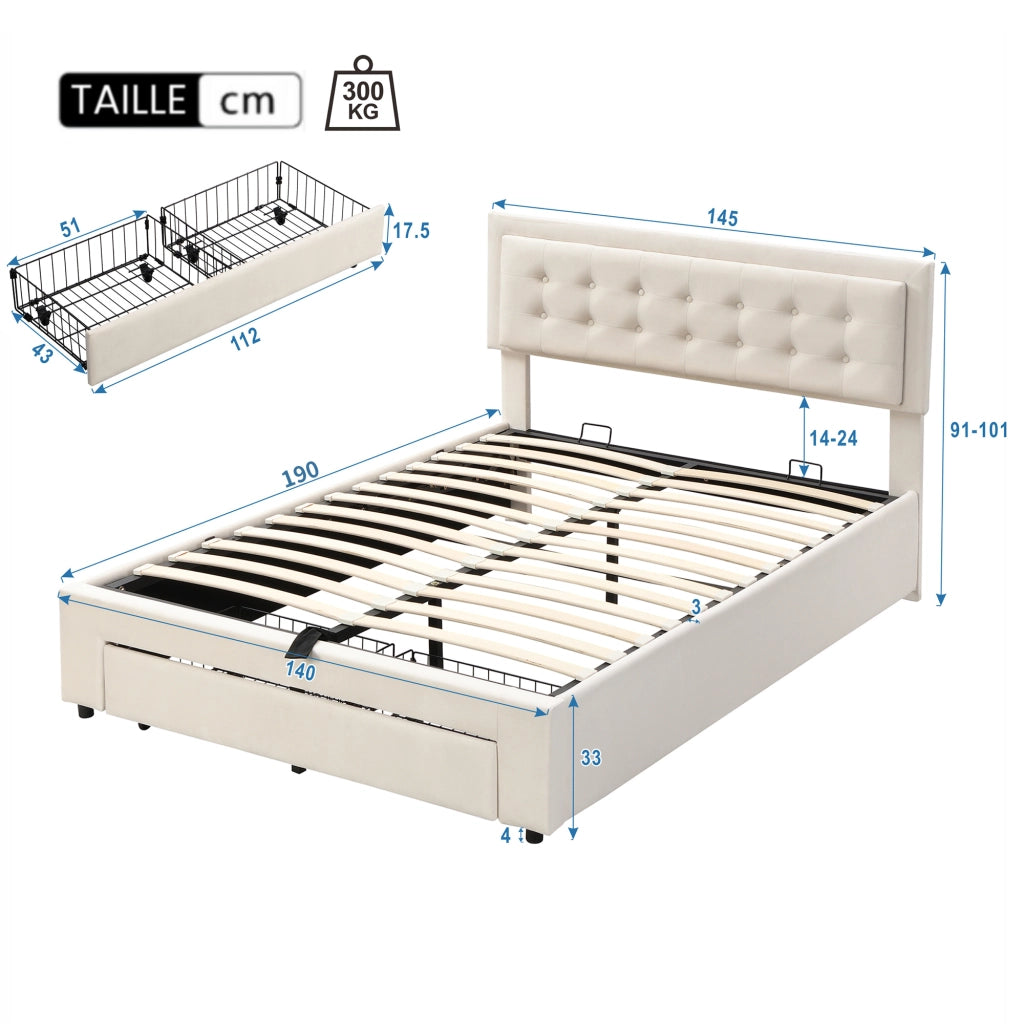 Letto Contenitore Letto Matrimoniale; 2 Cassetti e Testiera Regolabile; 140×190 cm; senza Materasso; Velluto Beige
