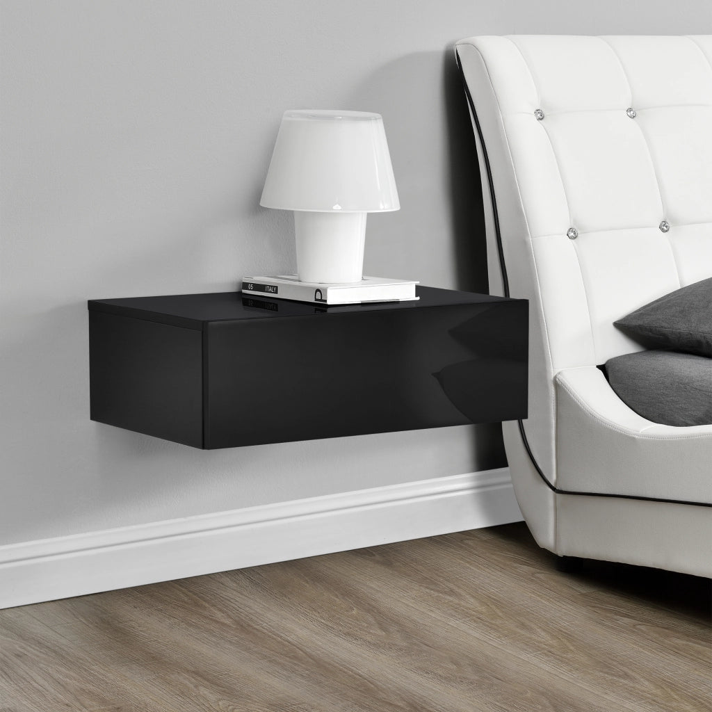 Comodino da Parete con Cassetto Integrato 46x30x15 cm Nero Lucido [en.casa]