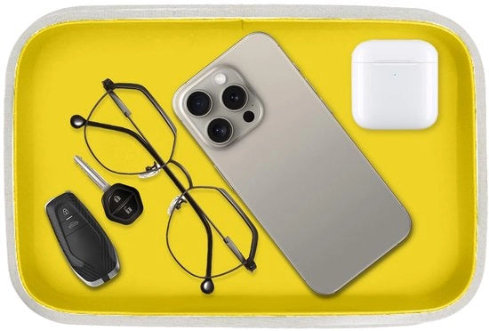 Valet Tray Leer, Organizzatore per ufficio con design moderno, cassetto per chiavi, monete, gioielli per scuola, casa, articoli da ufficio (Giallo, 25,5 * 17 * 5,6 cm)