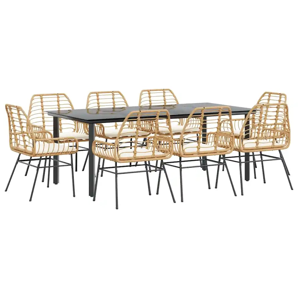 Set da Pranzo da Giardino 9 pz con Cuscini Polyrattan Vetro