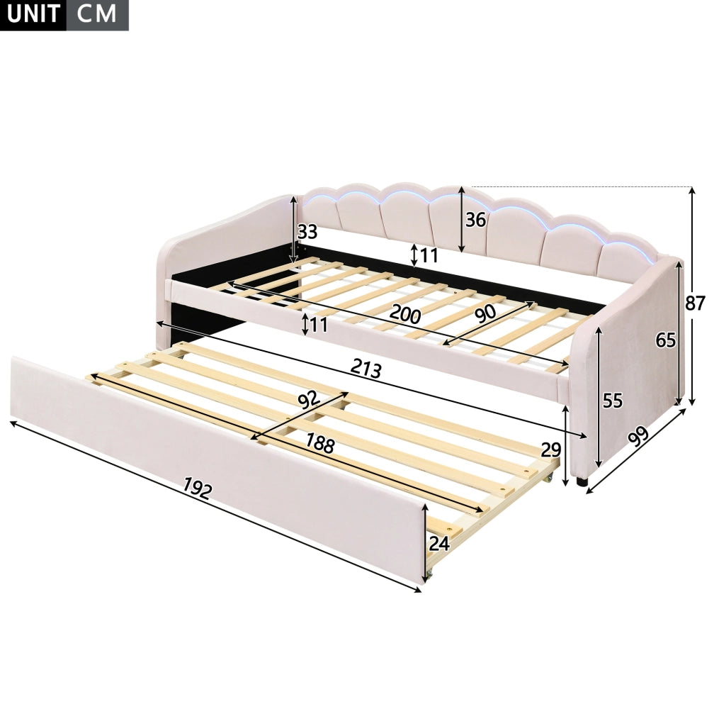 Divano letto 90x200 cm estraibile; LED; velluto; rosa (Senza materasso)