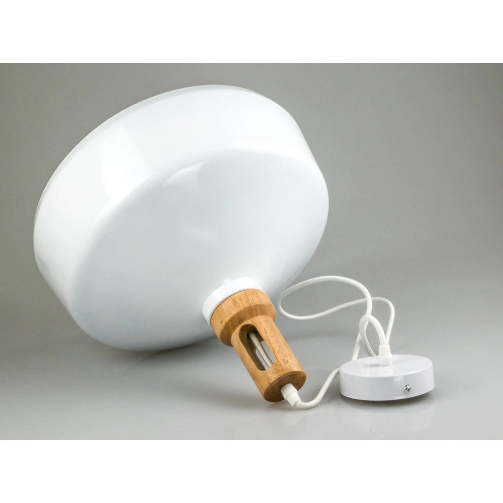 Trade Shop - Lampadario Pendente Lampada A Sospensione Parabola Bianca Base In Legno Vt-7545 -