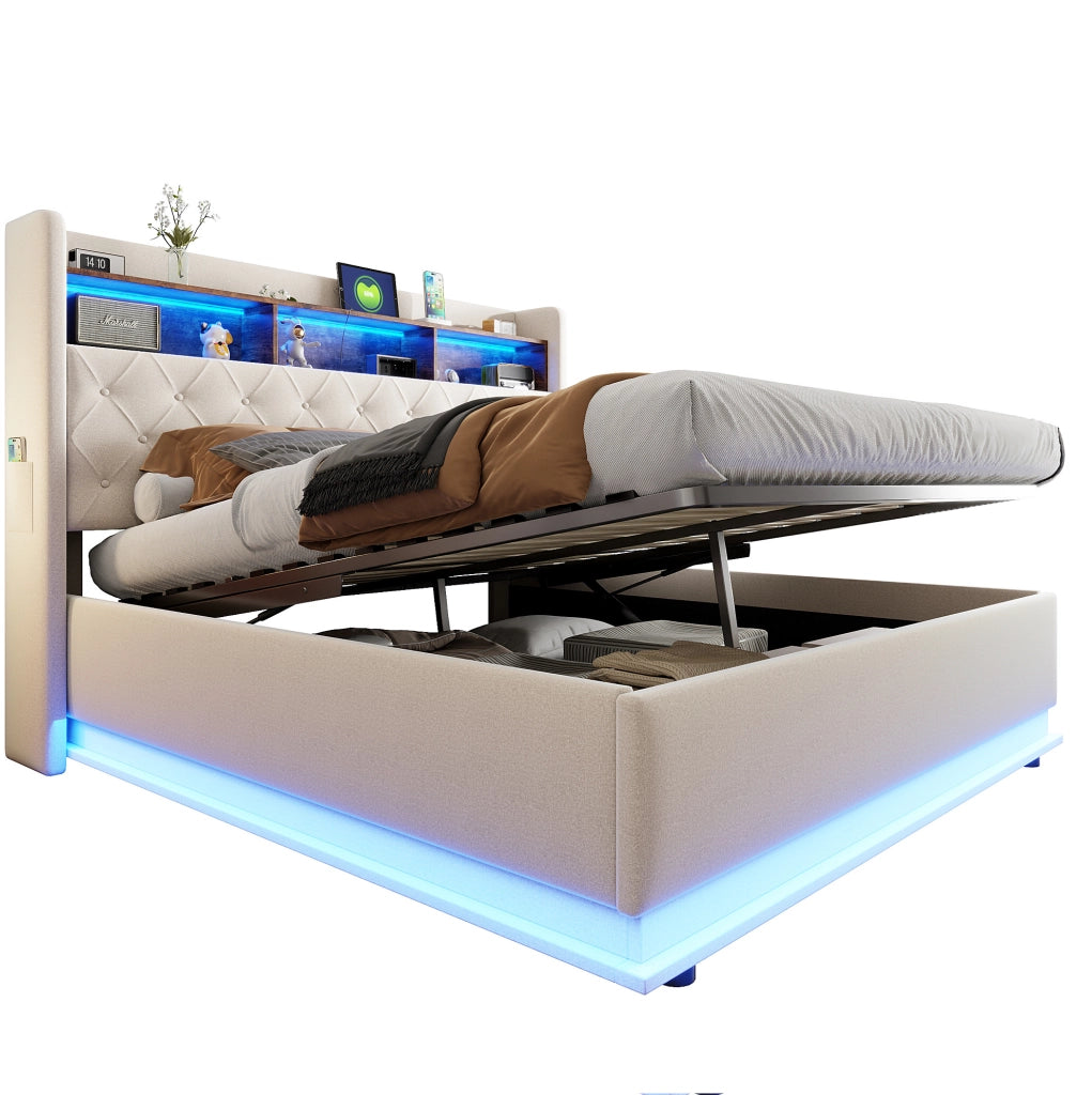 Letto matrimoniale imbottito 180x200 cm con LED; USB e contenitore idraulico; beige