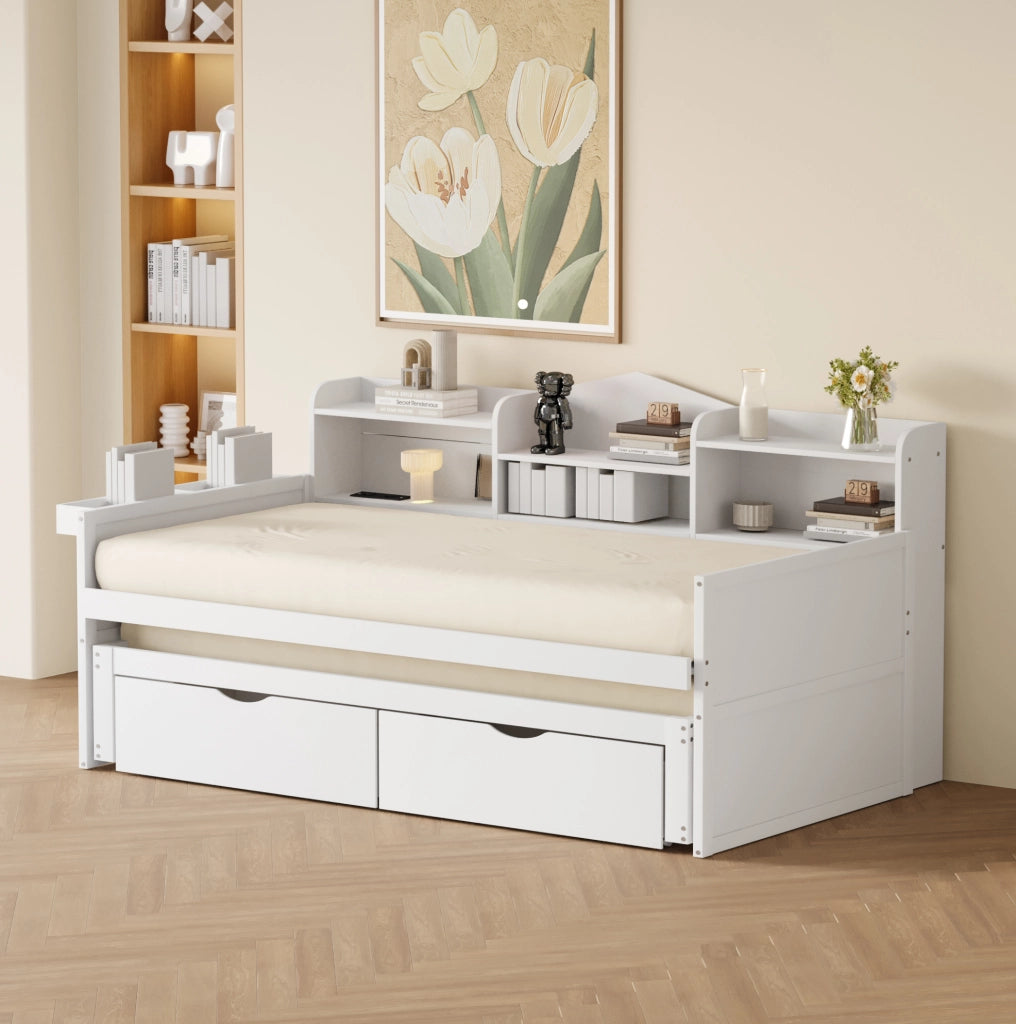 Letto singolo multifunzione estraibile 90x200 cm; bianco; con 2 cassetti e porta USB